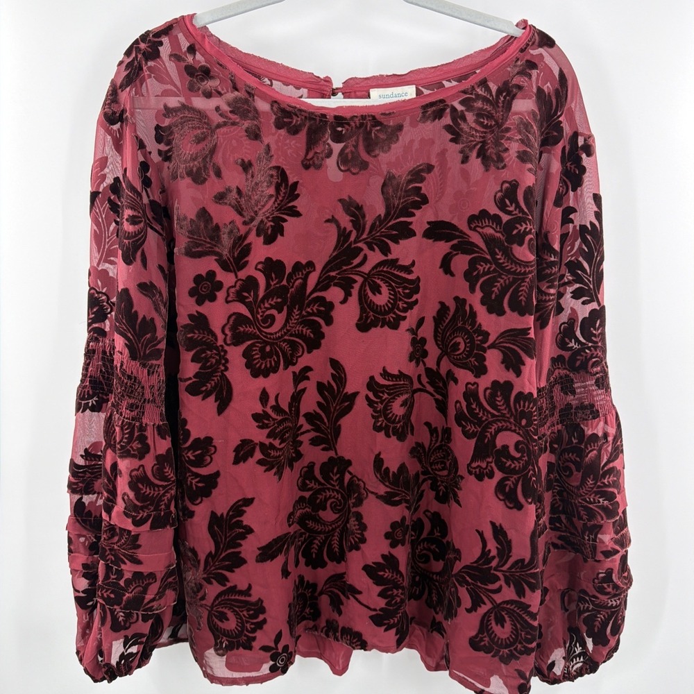 Sundance Catalog Top Shirt Size‎ L Pink Velvet Burnout Silk Blend Sheer Floral